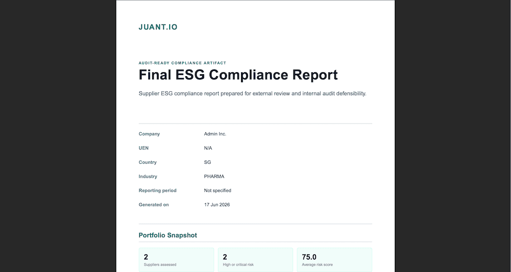 Juant.io compliance report preview for audit handoff